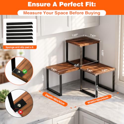 Countertop Organizer Corner Shelf, Wooden 2 Tier Stackable Kitchen Counter Shelves with Non-Slip Pads, Adjustable 3-Piece Desktop Corner Shelf for Desk, Kitchen, Bathroom, Coffee Corner