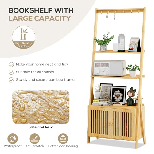 Bookshelf with Drawers, 4-Tier Bamboo Bookcase Ladder Shelf with 6 Hooks - color: 4-tier Natural