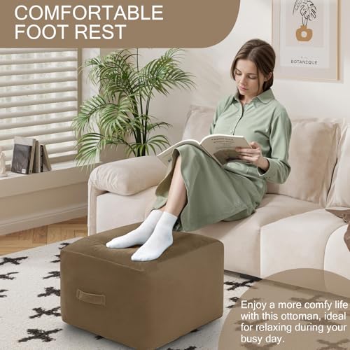 MeMoreCool Square Stuffed Pouf Ottoman Foot Rest, Floor Pouf Foot Stool with Foam Chunk Filling, Soft Stuffed Ottoman Footrest for Living Room, Light Coffee - color: Striped Light Coffee