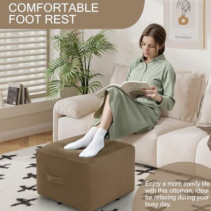 MeMoreCool Square Stuffed Pouf Ottoman Foot Rest, Floor Pouf Foot Stool with Foam Chunk Filling, Soft Stuffed Ottoman Footrest for Living Room, Light Coffee - color: Striped Light Coffee