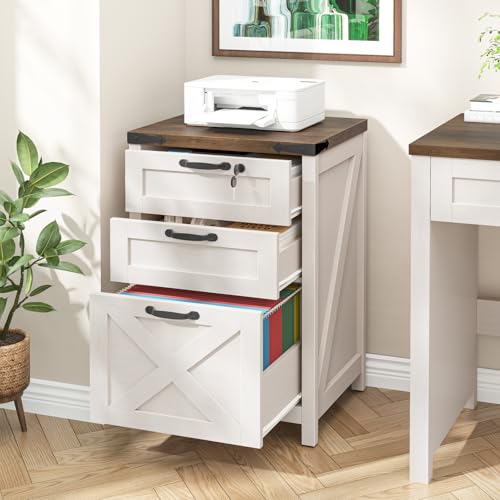 Farmhouse 3 Drawers File Cabinet with Lock for Home Office, Rustic White - color: Rustic White, size: 3 Drawers