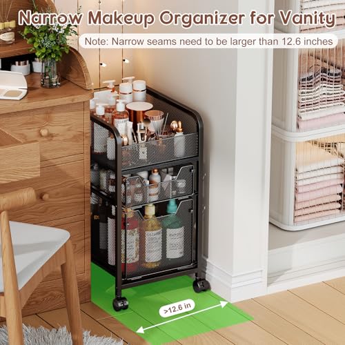 Hongtamoya Rolling Makeup Cart Organizer with 2 Drawers, Narrow Floor Skincare Organizers, Vanity Organizer Cosmetics Display Cases Holder for Skin Care Nail Polish Perfume Makeup Brush, Black - color: Black, size: Narrow+1S+1L Drawers