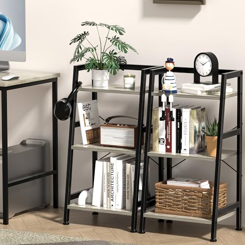 3-Tier Bookshelf, Ladder Shelf, Stand up Shelves, Industrial Bookcase with Steel Frame, Metal Small Bookcase, for Living Room, Home Office, Kitchen, Bedroom, Industrial Style（Greige & Black） - color: Greige & Black, size: 3 Tier (11.8"D x 16.5"W x 31.3"H)