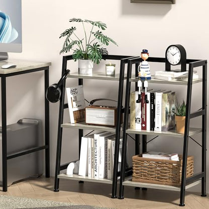3-Tier Bookshelf, Ladder Shelf, Stand up Shelves, Industrial Bookcase with Steel Frame, Metal Small Bookcase, for Living Room, Home Office, Kitchen, Bedroom, Industrial Style（Greige & Black） - color: Greige & Black, size: 3 Tier (11.8"D x 16.5"W x 31.3"H)