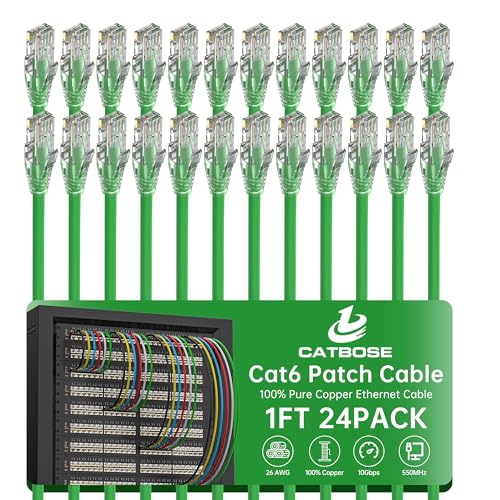 1 Foot Cat6 Patch Cables(24 Pack), Solid Pure Copper Patch Cord, Cat 6 Ethernet Cable, UTP Network, High Speed RJ45 Internet Cables, Compatible for Router, Switche, PC, Server, PS4/5, Xbox - Green - color: Green, size: 1FT, style: 24 Pack