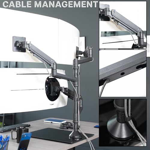 VIVO Pneumatic Arm Triple Ultrawide Monitor Desk Stand for Up to 49 inch Screens with Tempered Glass Base, Holds 3 Ultra Wides Up to 33 lbs Each, Black, STAND-V300FG - size: Triple Mount, style: Freestanding