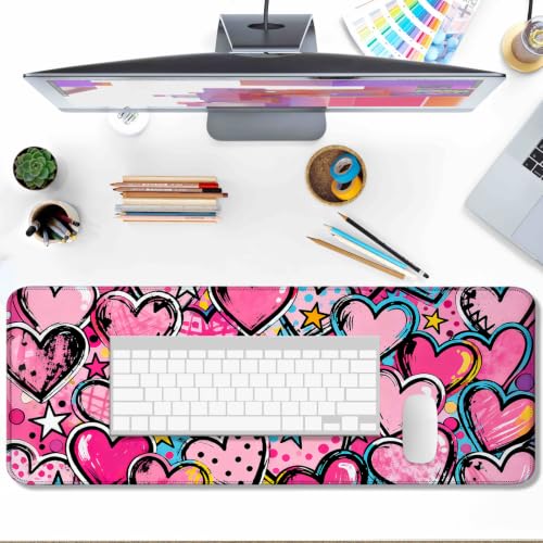 Pink Heart Star Large Mouse Pad & Desk Mat for Game, Office & Home | 31.5"x11.8"x0.12", HD Print, Long, Extended, Ultra-Smooth Surface, Non-Slip Rubber Base, Stitched Edges, Office Accessories - color: Xk06