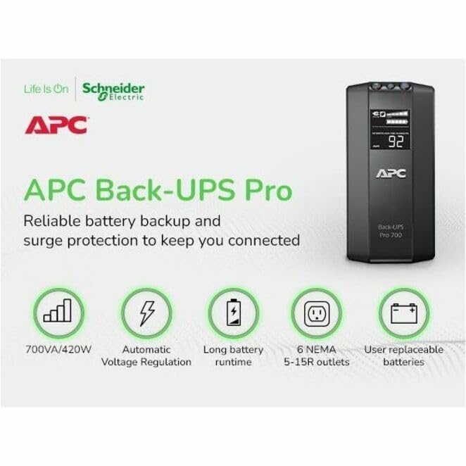 APC 700VA/420W Backup Battery UPS for Computers, Wi-Fi Routers | BR700G | Back-UPS for PCs & home electronics — battery backup, AVR, surge protection, compact design, User Replaceable Battery - size: 700VA