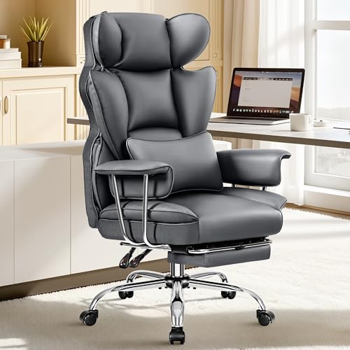 ALLGOD Big and Tall Office Chair 400LBS, Executive Ergonomic Leather Chair with Footrest, Wide Seat Gaming Office Chair with Pocket Spring Cushion, Reclining High Back Computer Desk Chair, Grey - color: Grey, size: 1 Pack