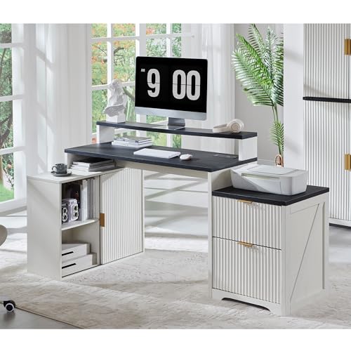 67"Fluted Desk with Cabinet & 2 Drawers, Modern Office Desk Built‑in Outlet - color: Antique White, size: 33"D x 67"W x 35.5"H