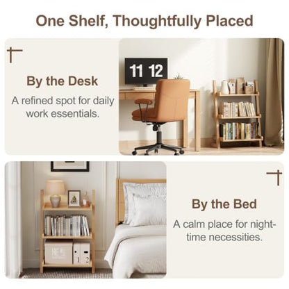 AQIMUELE Solid Wood Ladder Shelf, Leaning Bookshelf, Natural, 3-Tier - color: Natural, size: 3-Tier