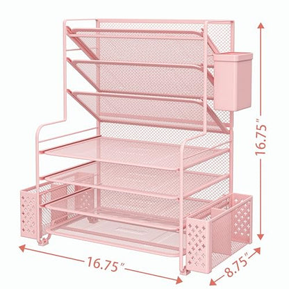 Simple Trending 7 Tier Desk File Organizer, Letter Tray Paper Organizer with Pen Holder and Metal Hanging Basket, Pink - color: 7 Tier Pink