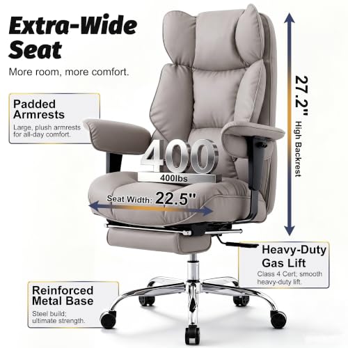 Efomao Executive Office Chair 400lbs,Grey Big and Tall Desk Chair | Mattress-grade pocket spring cushion, sleek leather, 135° recline & footrest for computer gaming setup. - color: 3084p-grey
