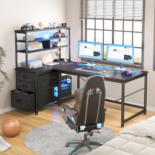 DurayLoly 55" L Shaped Gaming Desk with 3 Fabric Drawers & Shelves - color: Black, size: 18.9"D x 55.1"W x 59"H