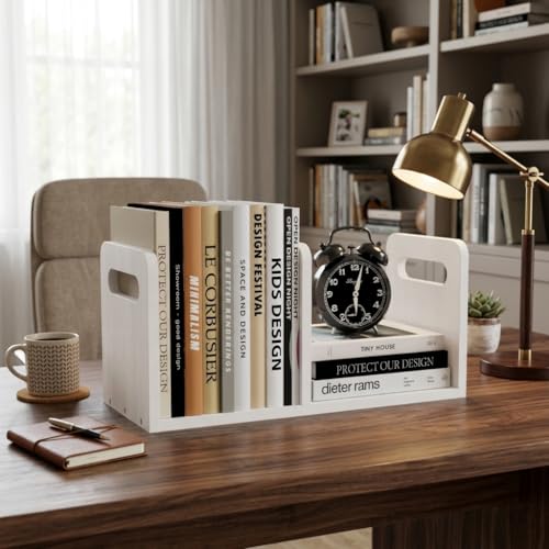 100% Solid Wood Adjustable Desktop Bookshelf With Movable Divider, Retro Tabletop Bookshelf With Convenient Handle Design for Living Room, Home, Office, Perfect for Magazines, Books, Files (White) - color: White