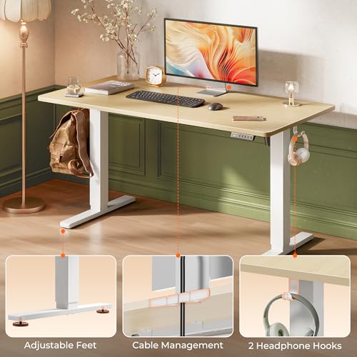 Huuger 55 x 28 Large Electric Standing Desk, Height Adjustable Desk, 27.6" Deep Desktop, Stand up Gaming Computer Office Desk with 2 Hooks, 3 Preset Heights, for Home Office, Maple - color: Maple, size: 55*28 inch (no outlets)