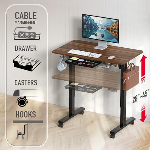 SHW Mobile Electric Height Adjustable Standing Desk w/Drawer, Black | 40" Wide Top | w/ Memory Presets and Cable Management | Drawer with adjustable compartments | Hanging Hooks - color: Walnut