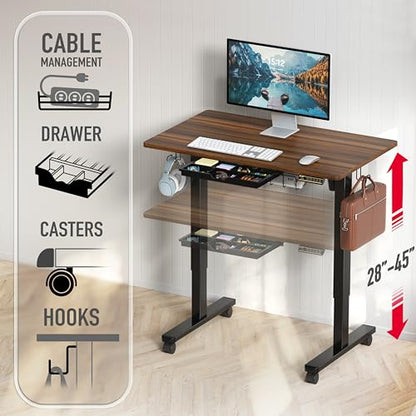 SHW Mobile Electric Height Adjustable Standing Desk w/Drawer, Black | 40" Wide Top | w/ Memory Presets and Cable Management | Drawer with adjustable compartments | Hanging Hooks - color: Walnut