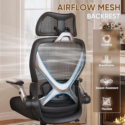 Ergonomic Office Chair, Big and Tall Mesh Chair with Adjustable Lumbar Support, 5D Arms & Wide Seat, 135° Recline Home Desk Computer Chairs for Work Gaming, Heavy Duty,400LBS - Black - color: Black