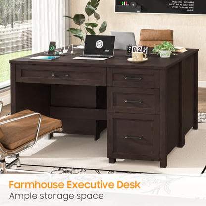 Farmhouse 47" Computer Desk, Executive Desk with File Drawer, Caramel - color: Caramel