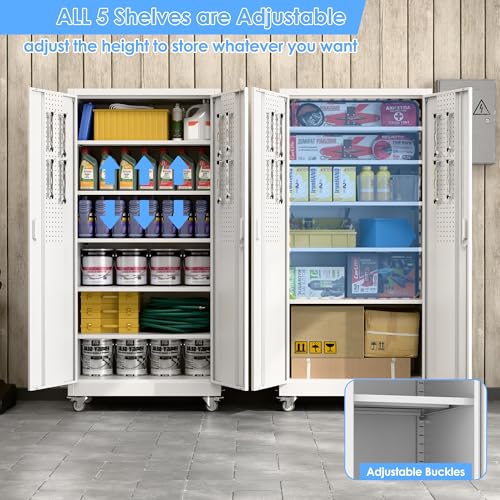 Aobabo Steel Garage Cabinet with Wheels, 71" H x 32" W x 16" D, White | 5 adjustable shelves, lockable doors, pegboard panel and 4 casters with 2 locking brakes; assembly required. - color: White, size: 16"D x 32"W x 71"H-0 Drawers