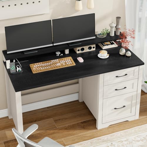 Vabches 47" Farmhouse Executive Desk with 3 Drawers and LED Lights, Black - color: Black, size: 3 Drawers & Monitor Stand