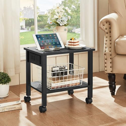 YUFAM 2 Tier Under Desk Printer Stand with Charging Station, Black - color: Black, size: 11.8"D×15.7"W×15.3"H(With USB)