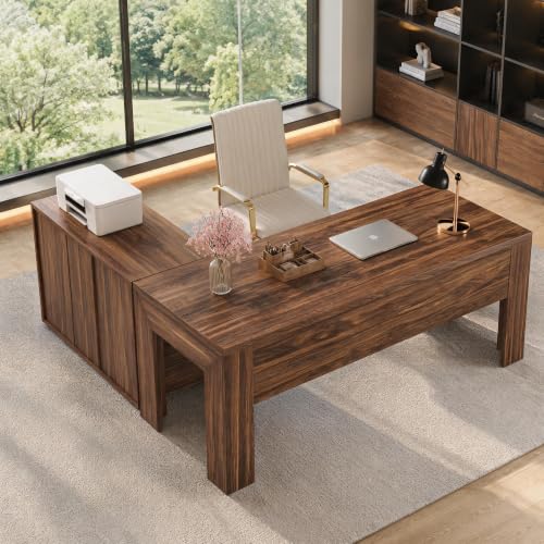 Tribesigns L Shaped Executive Desk with Drawers,Light Walnut | Large Office Desk with Rolling File Cabinet Combo,Home Office Computer Desk,Wooden Desk with Long Front Baffle - color: Light Walnut