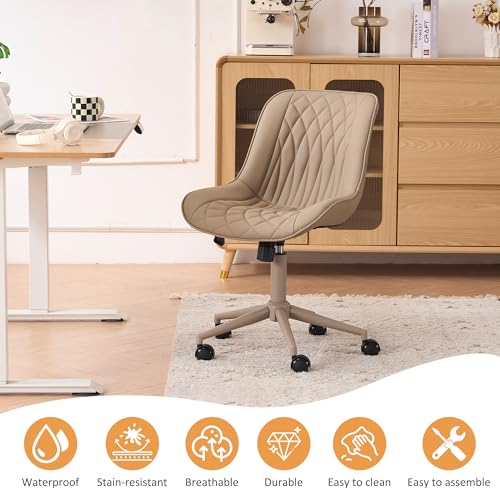 YOUNIKE Faux Leather Office Desk Chair Comfy Vanity Chair Armless Khaki | Ergonomic Upholstered Rocking Back, Swivel with Wheels, Height Adjustable, Modern Task Chair For Computer Sewing Drafting - color: All Khaki