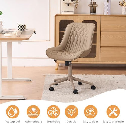 YOUNIKE Faux Leather Office Desk Chair Comfy Vanity Chair Armless Khaki | Ergonomic Upholstered Rocking Back, Swivel with Wheels, Height Adjustable, Modern Task Chair For Computer Sewing Drafting - color: All Khaki