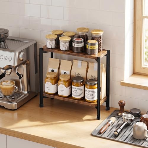 pickpiff 2 Tier Spice Rack Organizer for Kitchen Countertop, Wood and Metal Seasoning Shelf, Space-Saving Spice Organizer for Kitchen Counter, Coffee Bar and Dining Table, Brown