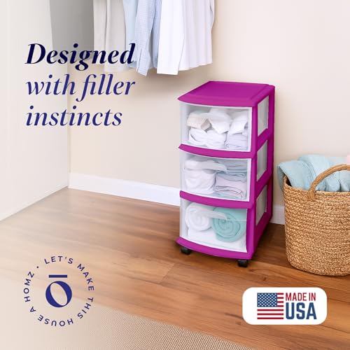 HOMZ Drawer Tower, 3-Tier Storage Cart with Removable Wheels, Purple Frame - color: Purple, size: 1 Pack