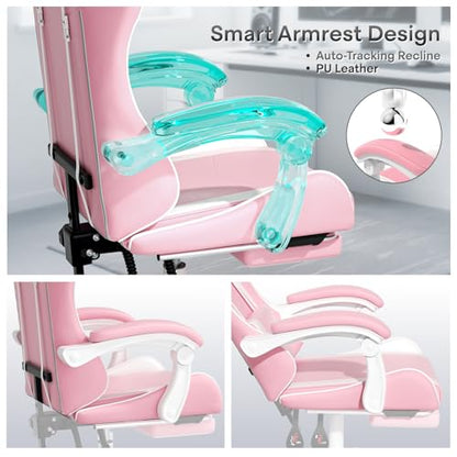 Athena Collection Ergonomic Gaming Chair for Adults, Pink | Height Adjustable Office Chair Computer Desk Chair with Footrest & Headrest Lumbar Support for Office & Home, 350lbs - color: Pink & Wihte