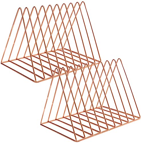 Sooyee 2 Pack Rose Gold Magazine Holder, 9 Slot Desktop File Sorter | Record Holder, Book Album Display Rack, Desktop File Sorter Organizer, Triangle Bookshelf Decor for Home Office - color: 2 Pcs Rose Gold