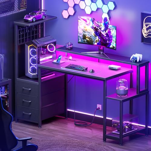 Korfile 48" Gaming Desk with Power Outlet, LED, Carbon Fiber Black Finish - size: 48 Inches