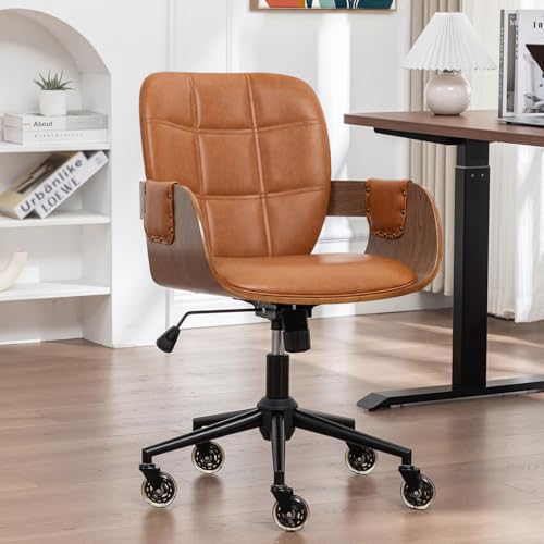 Mid Century Modern Office Chair, Floor Protective Silent Casters | Ergonomic Curved Back, Bentwood Frame, 360° Swivel & Rocking Function, Height Adjustable 19"-23", Support Up to 350 lbs - color: Walnut Brown
