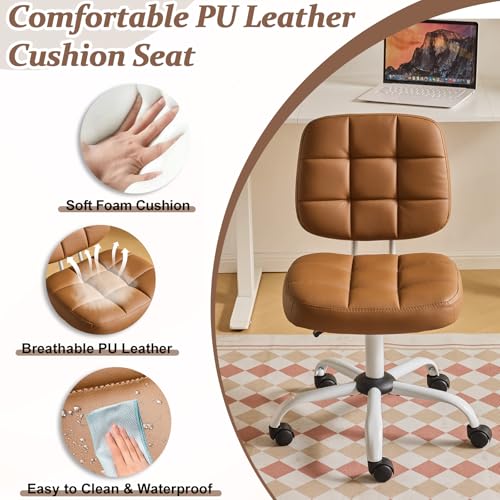 VINGLI Compact Small Desk Chair, Cute Armless Chair with Wheels, Vanity Chair with Low Back, Height Adjustable Task Chair for Small Spaces, Office, Bedroom, Make Up Room, PU Leather, Brown - color: Warm Brown