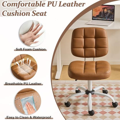 VINGLI Compact Small Desk Chair, Cute Armless Chair with Wheels, Vanity Chair with Low Back, Height Adjustable Task Chair for Small Spaces, Office, Bedroom, Make Up Room, PU Leather, Brown - color: Warm Brown