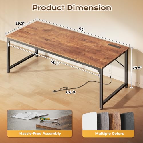 PRAISUN 63 X 30 Inch Extra Deep Desk with Power Outlets - color: Rustic Brown, size: 63*29.5 inch