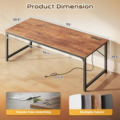 PRAISUN 63 X 30 Inch Extra Deep Desk with Power Outlets - color: Rustic Brown, size: 63*29.5 inch