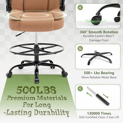 500LBS Drafting Chair, High Back Safer Standing Desk Chair, Executive Tall Office Chair with Flip-up Armrests, Upholstered PU Leather Task Chair, Ergonomic Seat with Adjustable Height&Foot Ring, Brown - color: Brown