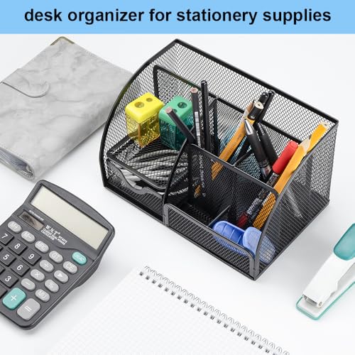 Desk Organizer Stationery Storage, Pencil Holder for Desk, Wire Mesh Office Supplies Journals Notebooks Organizers with 7 Compartments and Mini Drawer (Black) - style: 7 Compartments