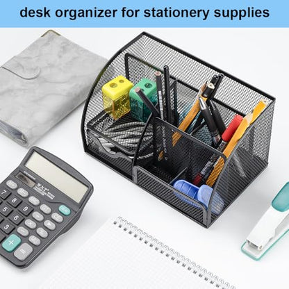 Desk Organizer Stationery Storage, Pencil Holder for Desk, Wire Mesh Office Supplies Journals Notebooks Organizers with 7 Compartments and Mini Drawer (Black) - style: 7 Compartments