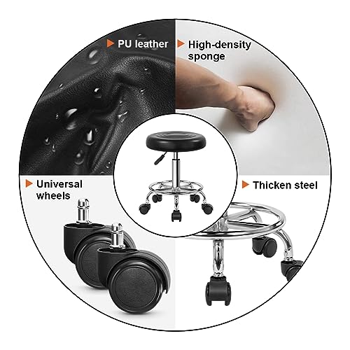 KKTONER PU Leather Modern Round Rolling Stool with Footrest Height Adjustable Spa Drafting Salon Tattoo Work Massage Stools Task Chair Small (Black) - color: Black