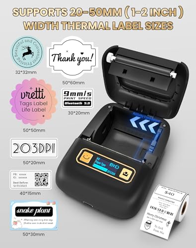 vretti Label Maker Machine with Tape, 2 Inch Labels Printer, K2 Bluetooth Label Makers, Thermal Labeler for Clothes Address Barcode Logo Waterproof, Easy to Use, Fits Office Home School Gift - Black