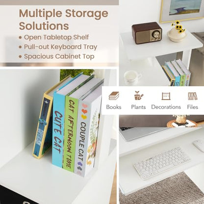 GIANTEX White Computer Desk with Drawers & Keyboard Tray, Modern Home Office Desk with Storage Shelves & Printer Stand, Laptop PC Table for Workstation, Study Writing Desk for Small Spaces, Bedroom