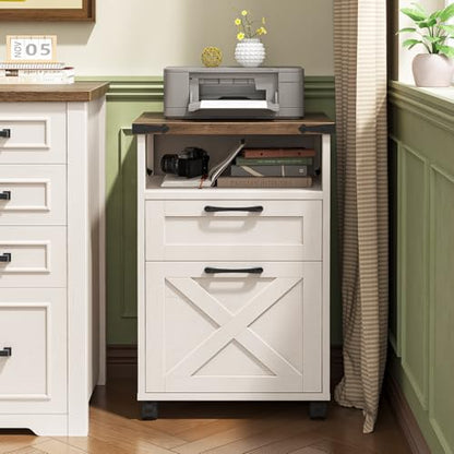 Vabches Office Filing Vertical Cabinet with 2 Drawers, Unique White | Farmhouse Filing Cabinet with Open Storage Space, Wheels and Printer Stand for Hanging Files Letter/A4 for Home Office. - color: Unique White, style: Vertical