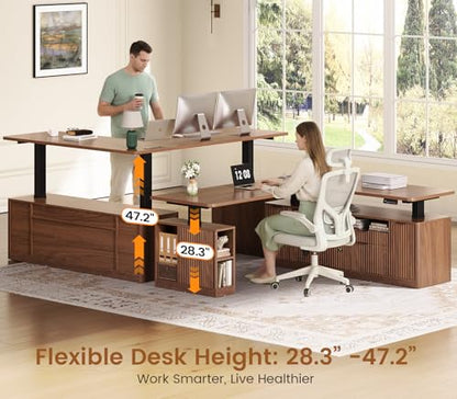 SEDETA L Shaped Electric Standing Desk, 69" x 55" Height Adjustable Office Executive Desk with 4 Drawers and Storage Shelves, Fluted Sit Stand Computer Desk with Power Outlet, Brown - color: Brown