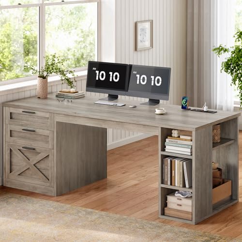 SEDETA 55.1" Farmhouse Office Desk with 3 Drawers for Home Office,Grey | Executive Computer Desk with File Drawer & Storage Shelves, Home Office Desk with Power Outlet for Home Office - color: Grey, size: Executive Office Desk(55")