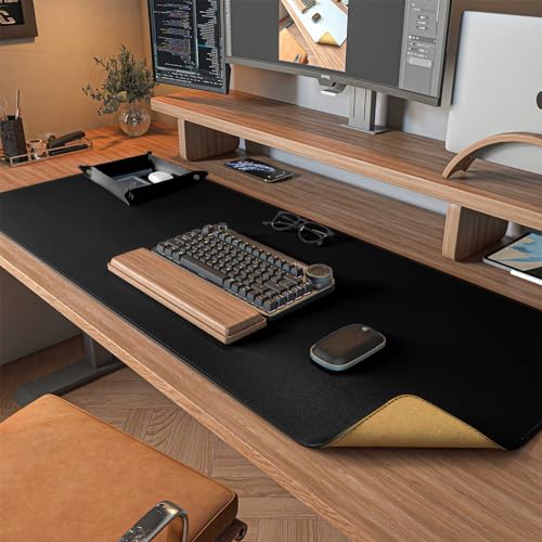 DAWNTREES Dual Sided Desk Mat,Leather Desk Pad,Black 35.5"x17",Cork Desk Mat Protector,with PU Leather Valet Tray Organizer,Large Mouse Pad,Desk Writing Pad for Office and Home - color: Black, size: 35.5" x 17"